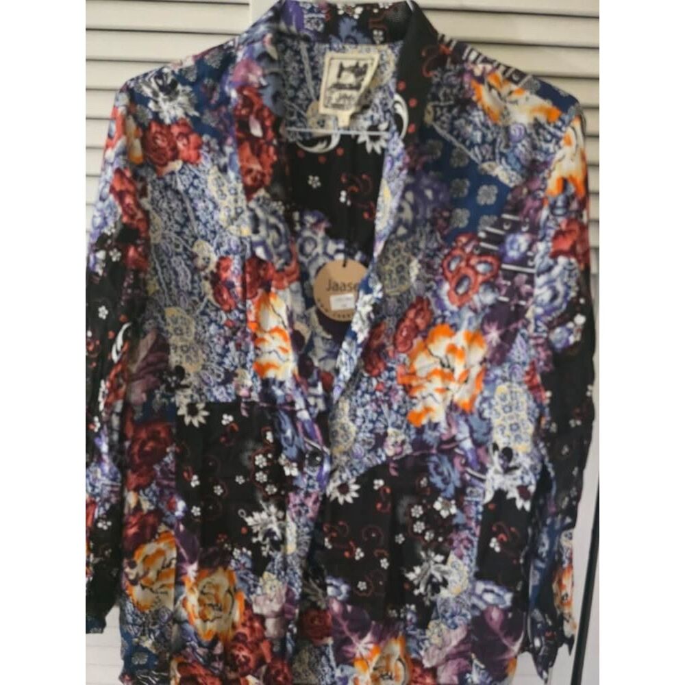 Jaase Patchwork Blouse Medium M Rayon Boho Floral Button Down Long Sleeve Shirt